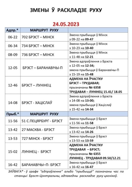 Вокзал станции Брест-Центральный сообщает об изменениях в расписании поездов на следующей неделе