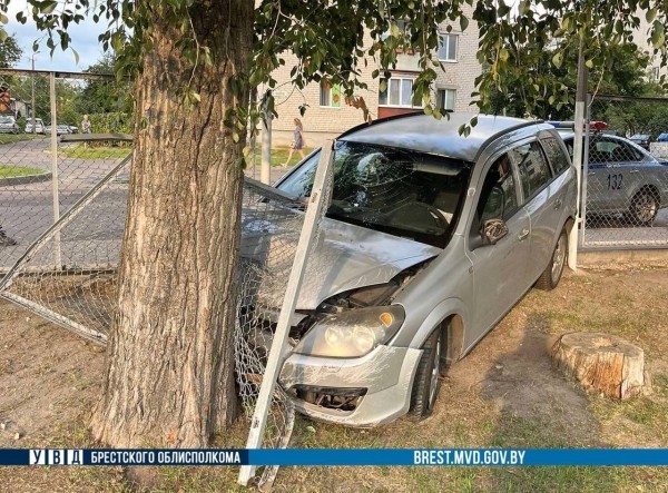 В Бресте пьяный водитель снес забор и врезался в дерево В Бресте пьяный водитель снес забор и врезался в дерево